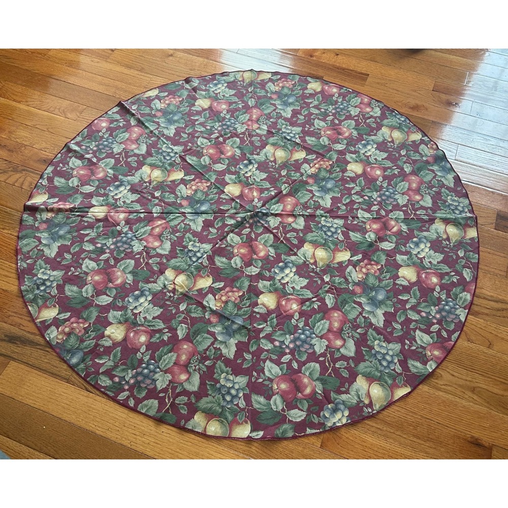 Vintage Burgundy Harvest Fruit Round Tablecloth Apples Pears Grapes Country 56"